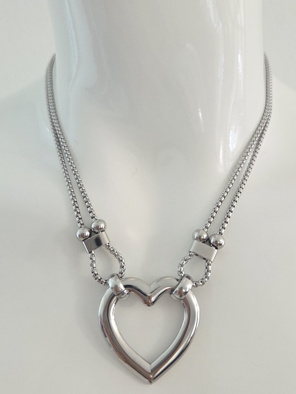Silver Open Heart Statement Necklace Double Strand Chunky Chain